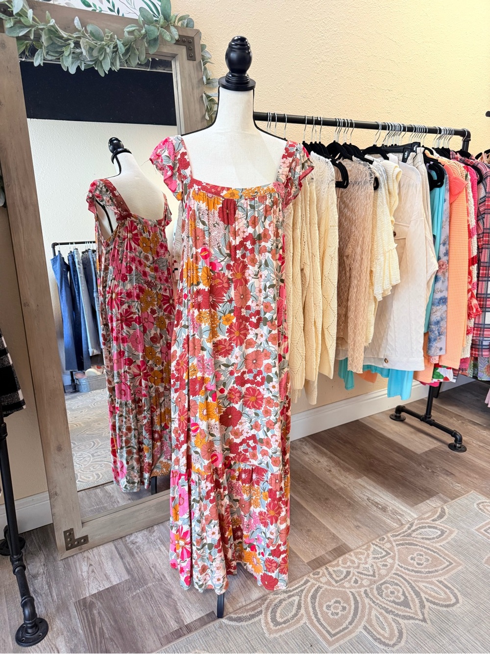 JODIFL Pink, Orange & Green Floral Square-Neck Maxi Dress